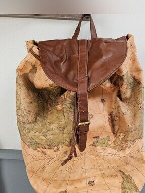 Map-Print Canvas Backpack with Brown Leather Flap